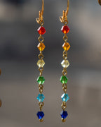 Gold Plated Astral rainbow earrings made with rainbow coloured glass beads handmade by A Creator's Studio