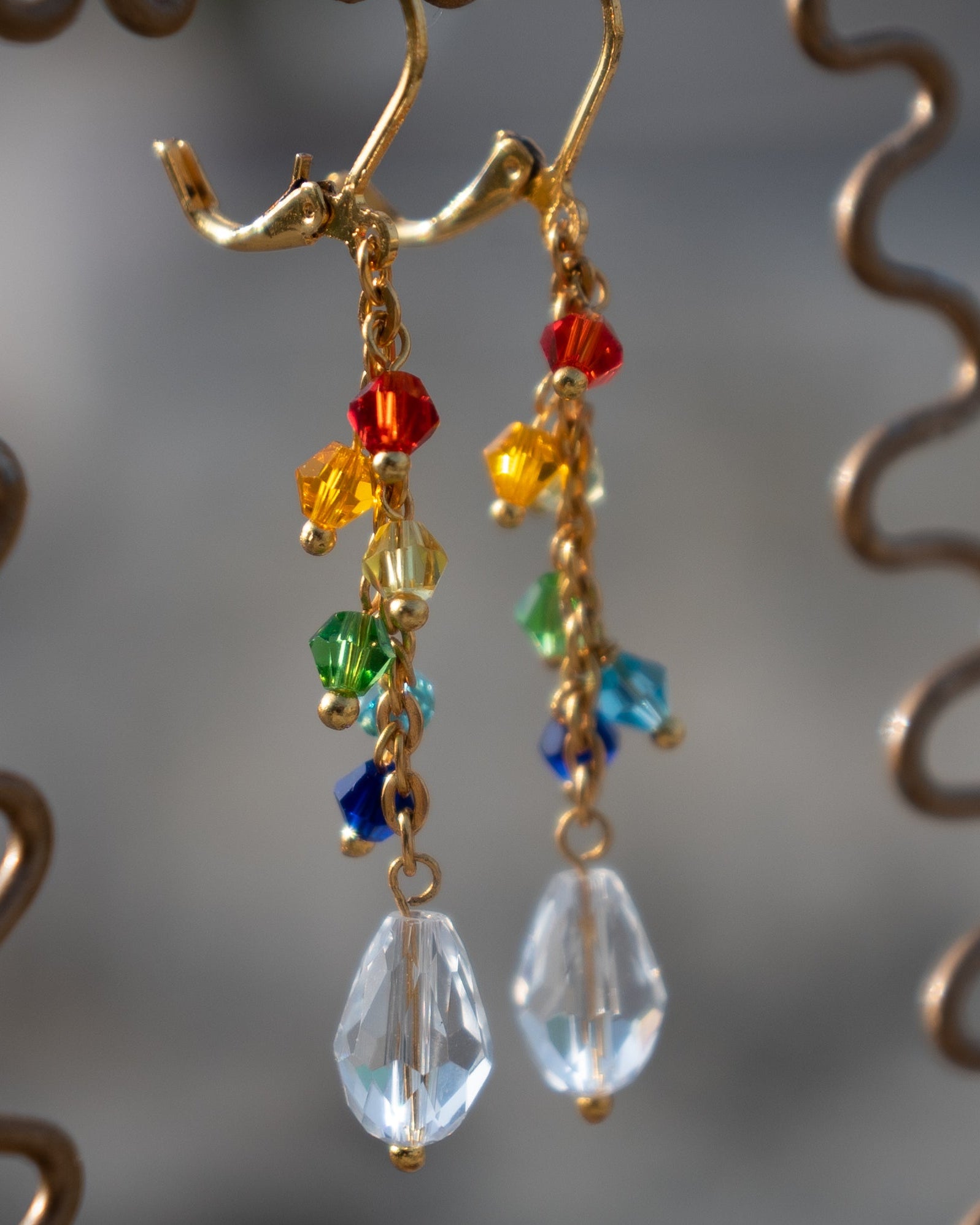 Dainty Gold Plated Rainbow Drop Earrings made with Rainbow coloured Glass Beads handmade by A Creator's Studio