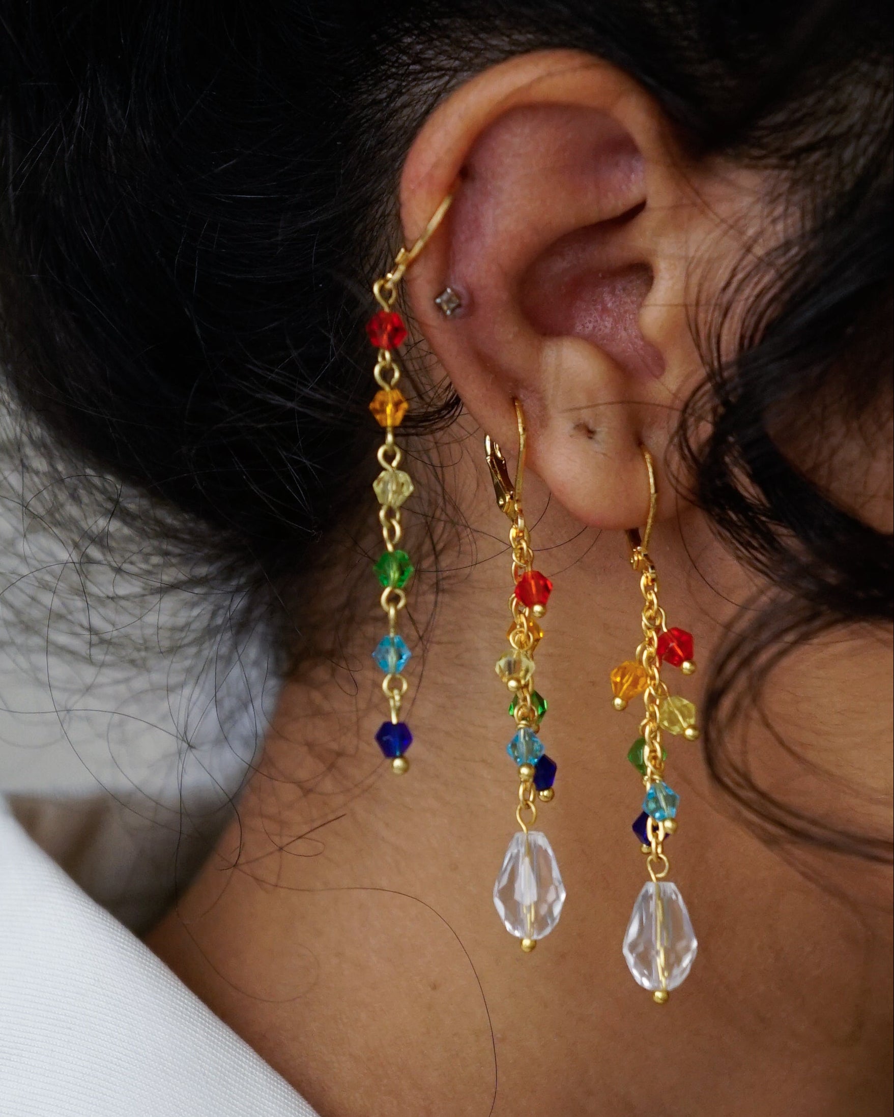 Dainty Gold Plated Rainbow Drop Earrings made with Rainbow coloured Glass Beads handmade by A Creator's Studio