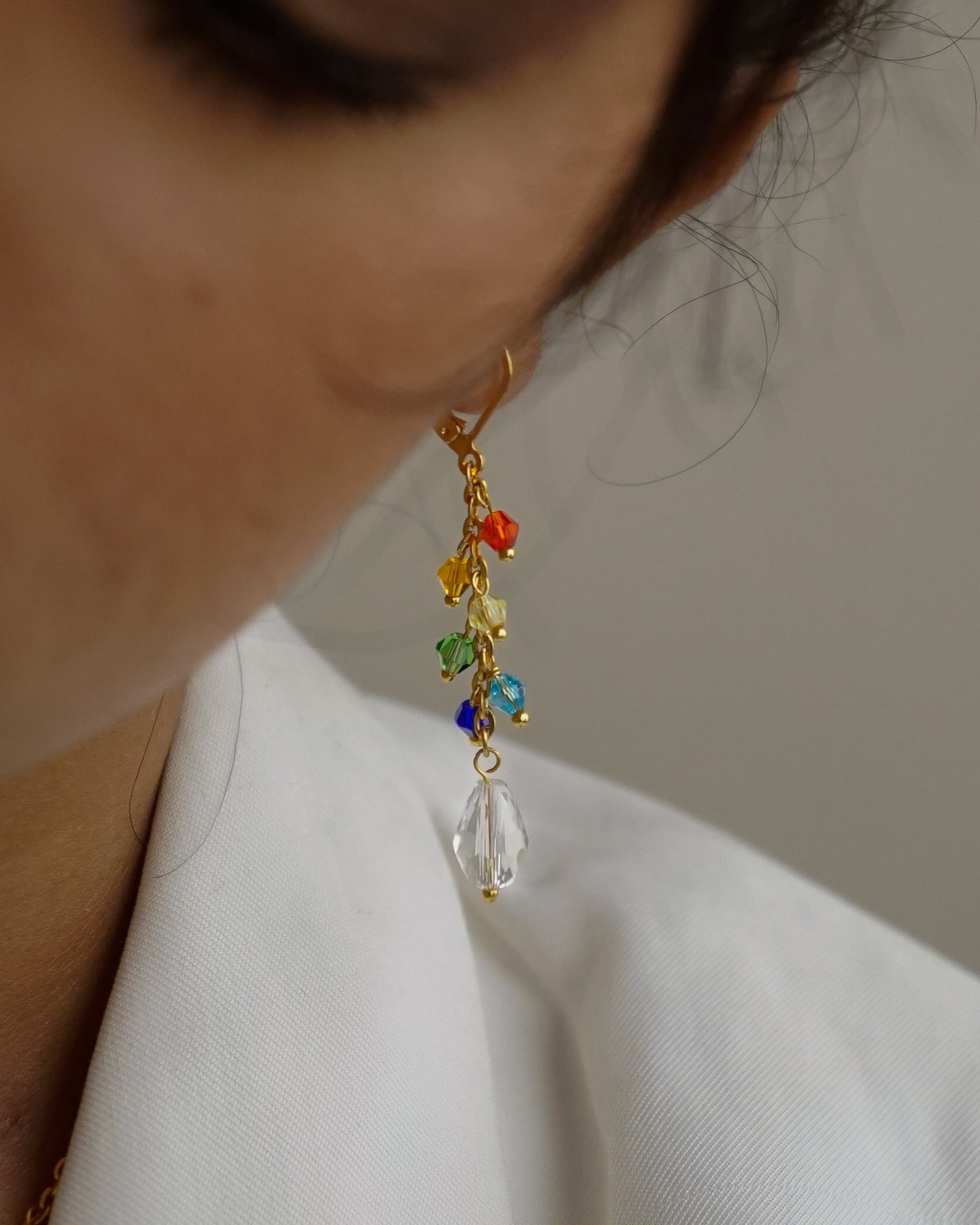 Dainty Gold Plated Rainbow Drop Earrings made with Rainbow coloured Glass Beads handmade by A Creator's Studio