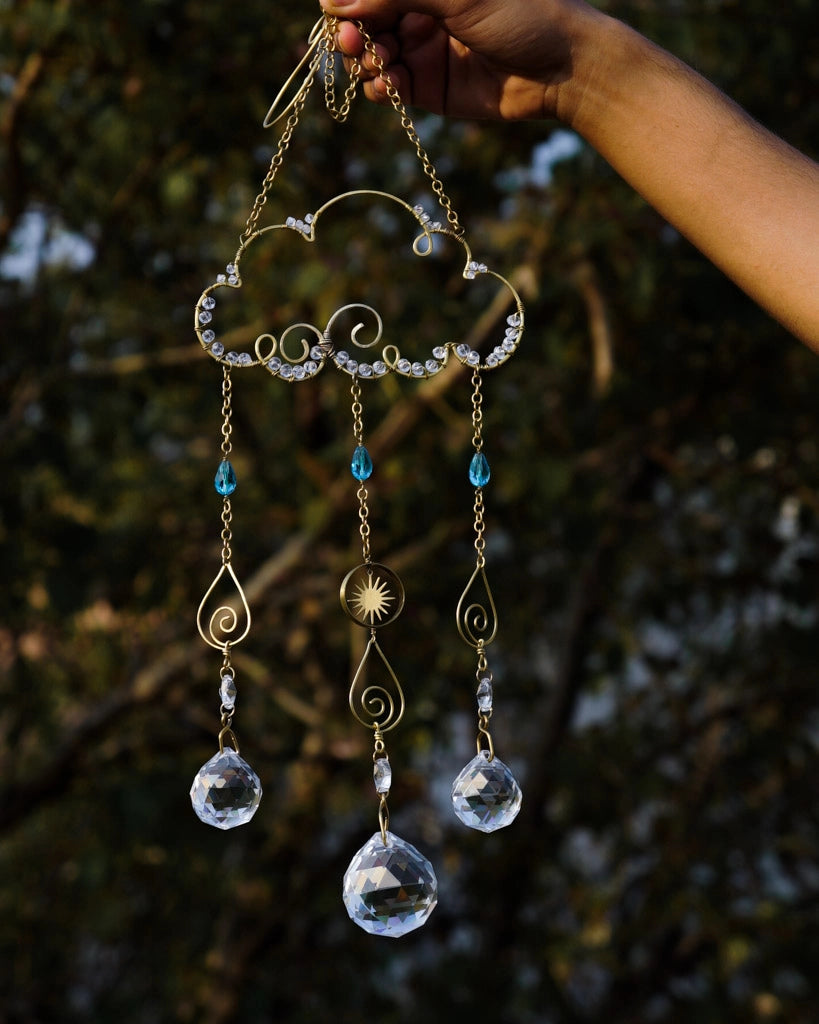 Wired cloud sun catcher with glass crystals and beads handmade by A Creator's Studio