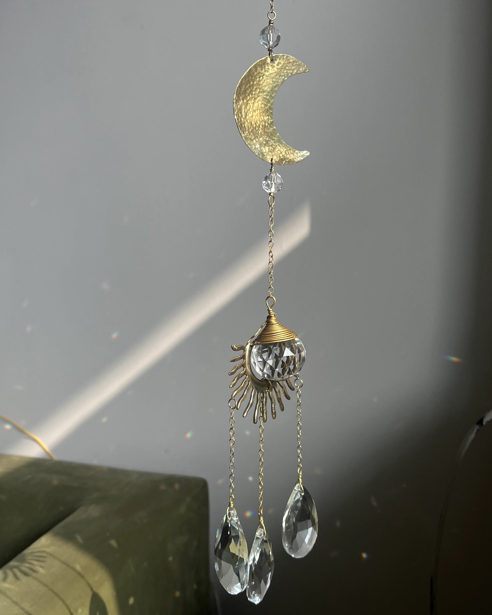 Sun and textured moon suncatcher with clear crystals handmade by A Creator's Studio