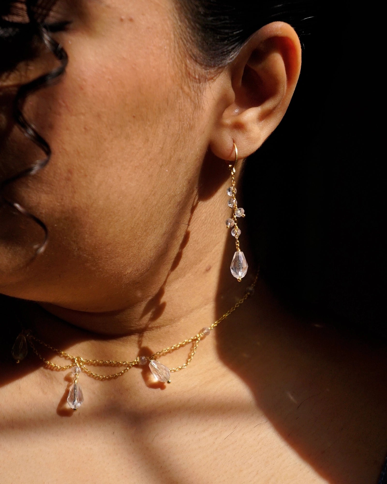 Gold Plated clear crystal dangle earring with a crystal teardrop handmade by A Creator's Studio