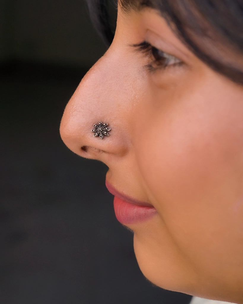Silver oxidised star nose ring for pierced nose handmade by A Creator's Studio