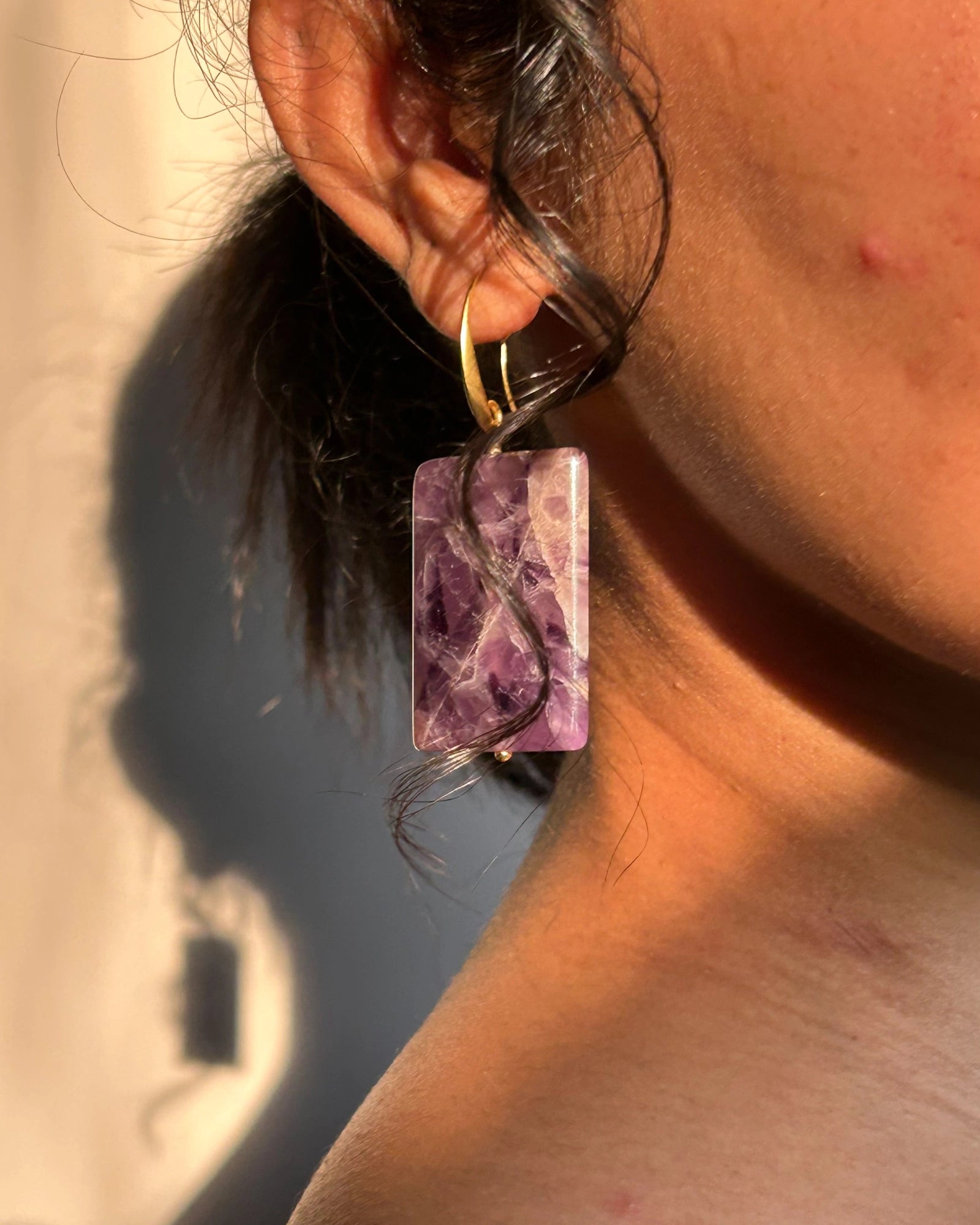 gold plated, Purple amethyst stone, drop earrings handmade by A Creator's Studio