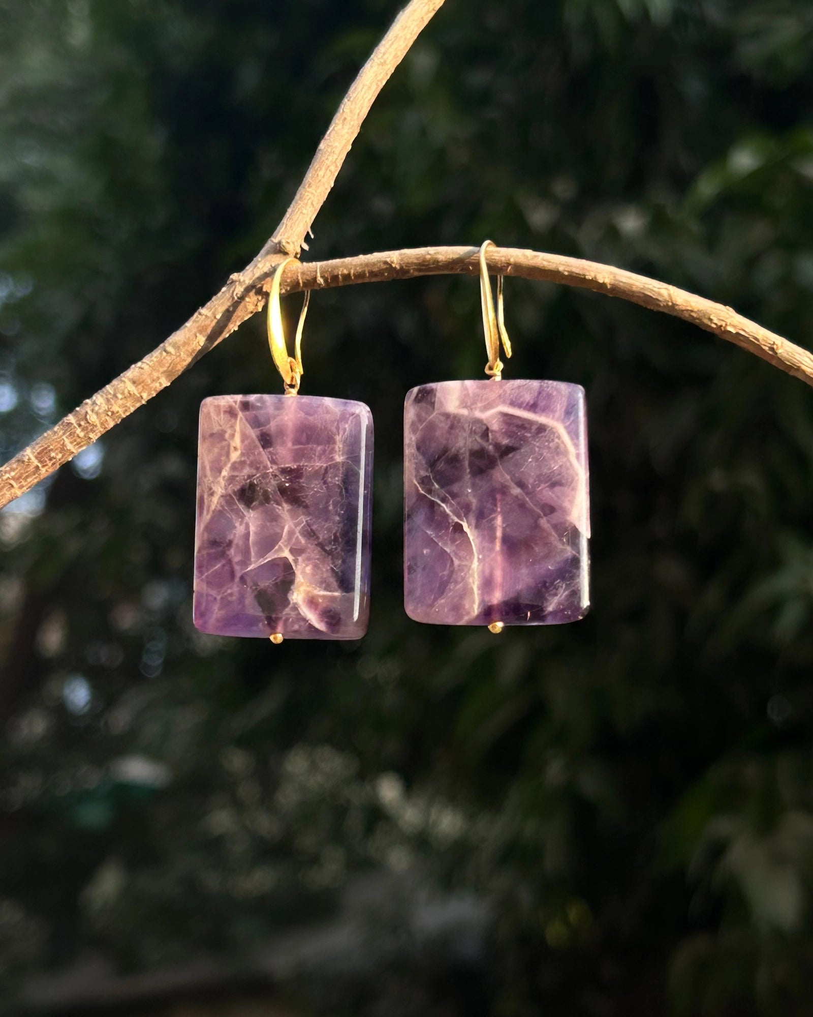 gold plated, Purple amethyst stone, drop earrings handmade by A Creator's Studio