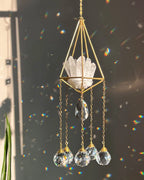 Clear Quartz Crystal sun catcher with a clear quartz cluster in a 3d wired frame and glass crystal drops, handmade by A Creator's Studio