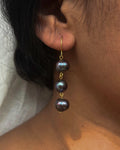 gold plated Classic black pearl dangle earrings with three lustrous black freshwater pearls handmade by A Creator's Studio