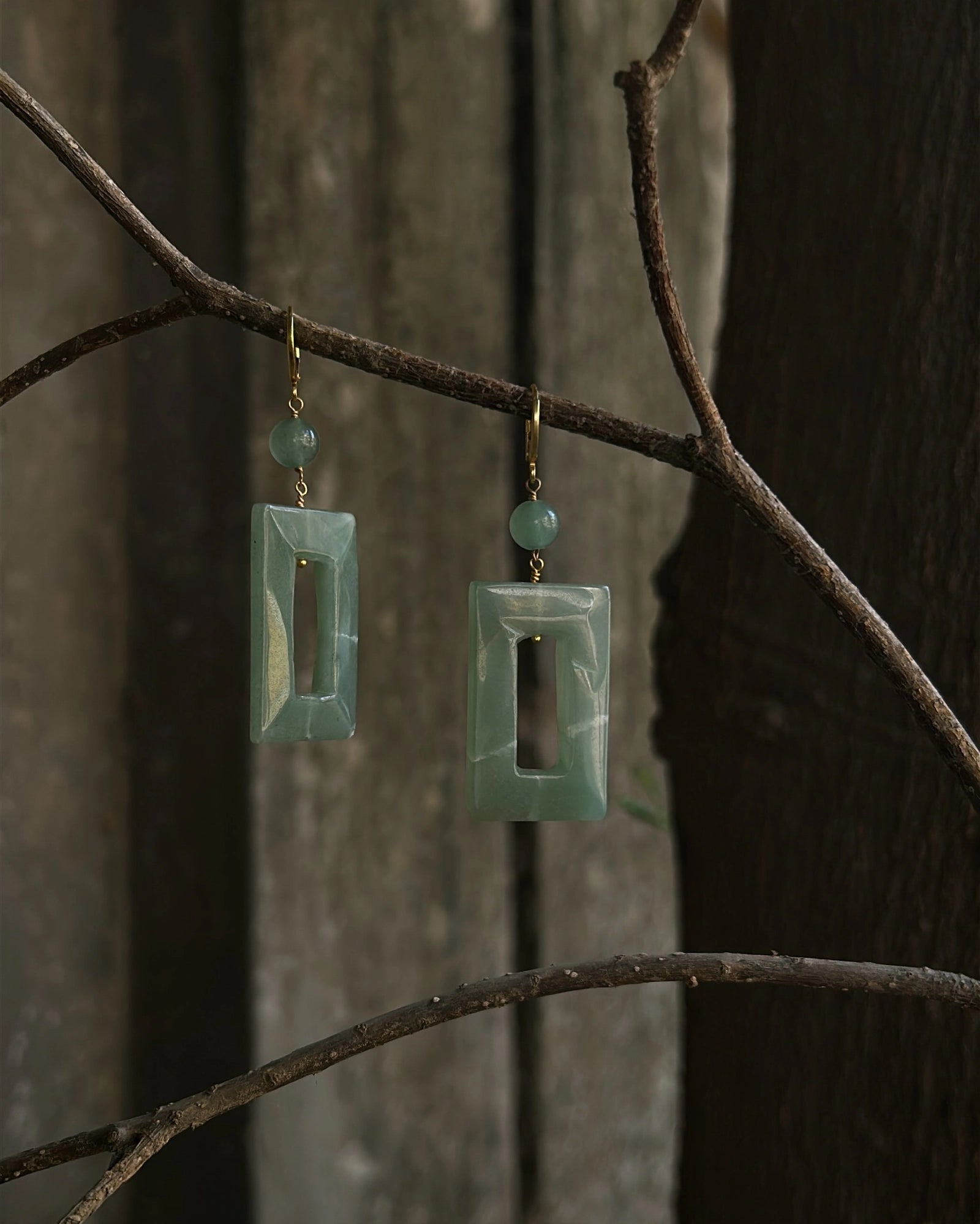 gold plated green Aventurine rectangular earrings handmade by A Creator's Studio
