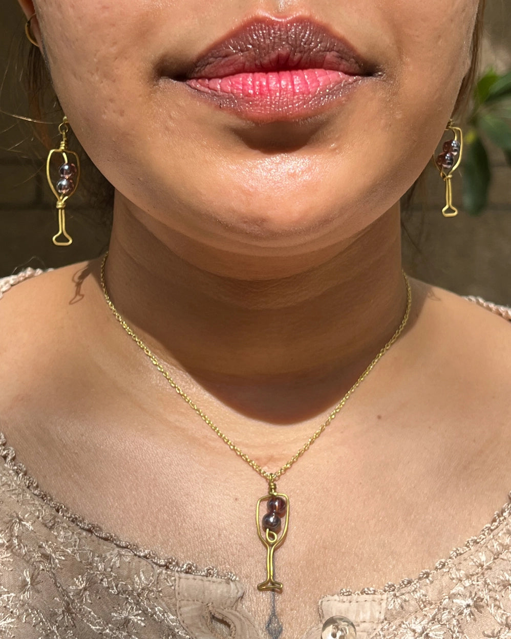 Brass wired wine glass necklace with two crystals handmade by A Creator's Studio