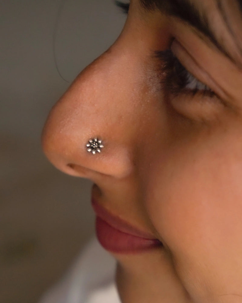 Silver oxidised flower nose ring for pierced nose handmade by A Creator's Studio