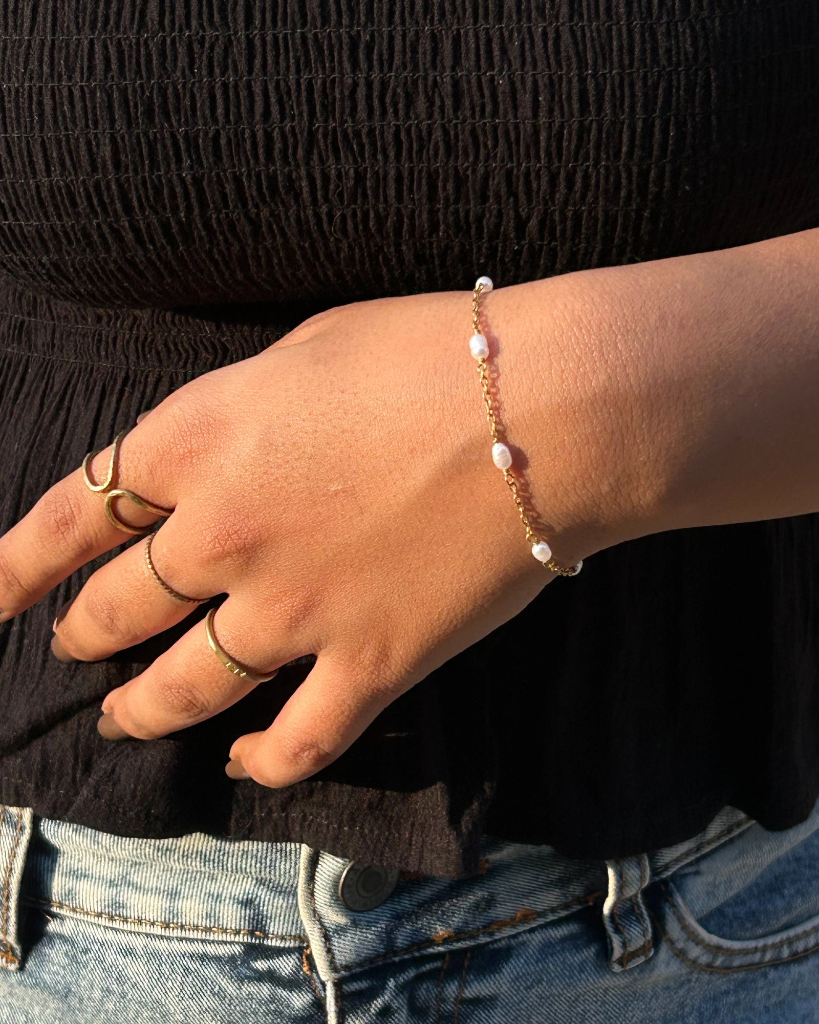 Brass pearl bracelet with freshwater pearls handmade by A Creator's Studio