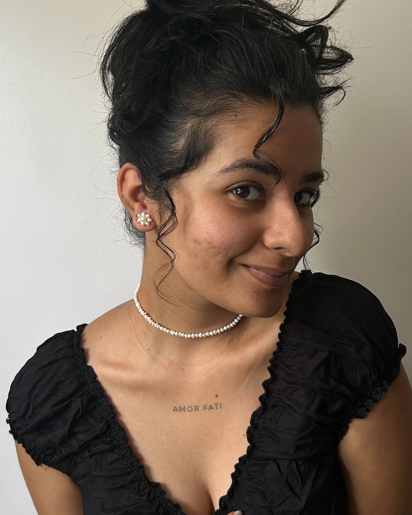 Flower freshwater pearl studs in sterling silver handmade by A Creator's Studio