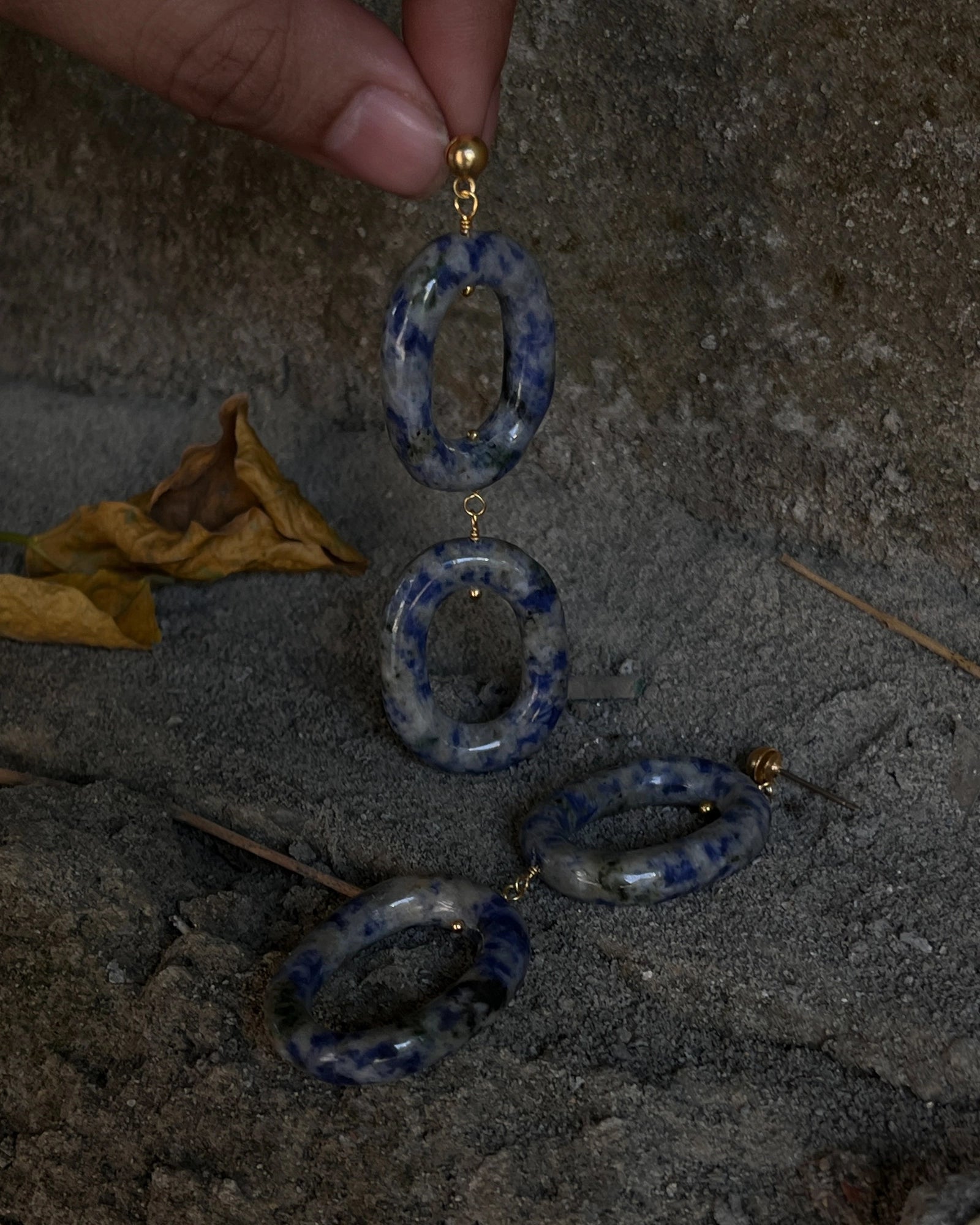 Gold Plated chunky sodalite link earrings with oval sodalite drops handmade by A Creator's Studio