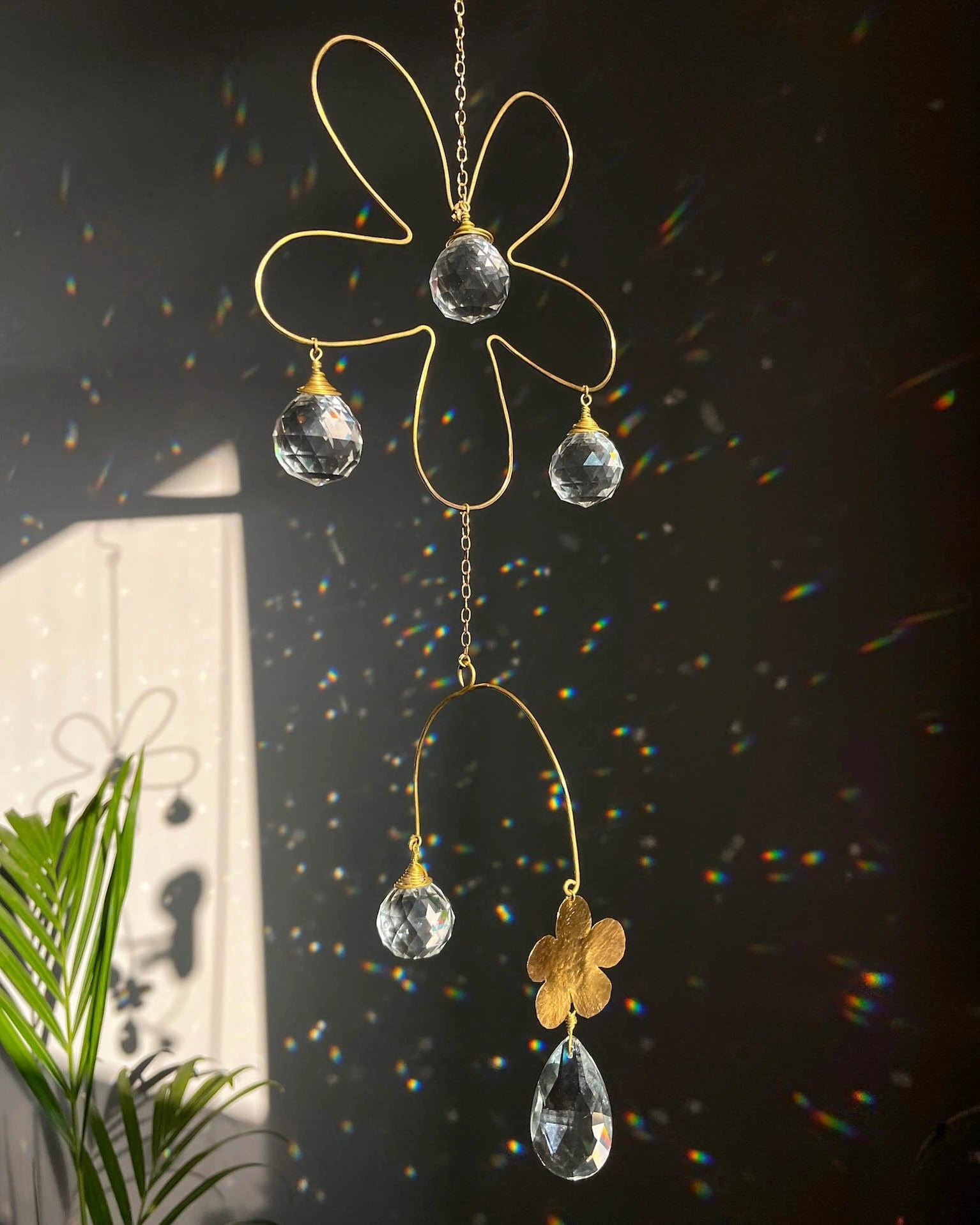 Double flower sun catcher with glass crystal drops and a textured flower, handmade by A Creator's Studio
