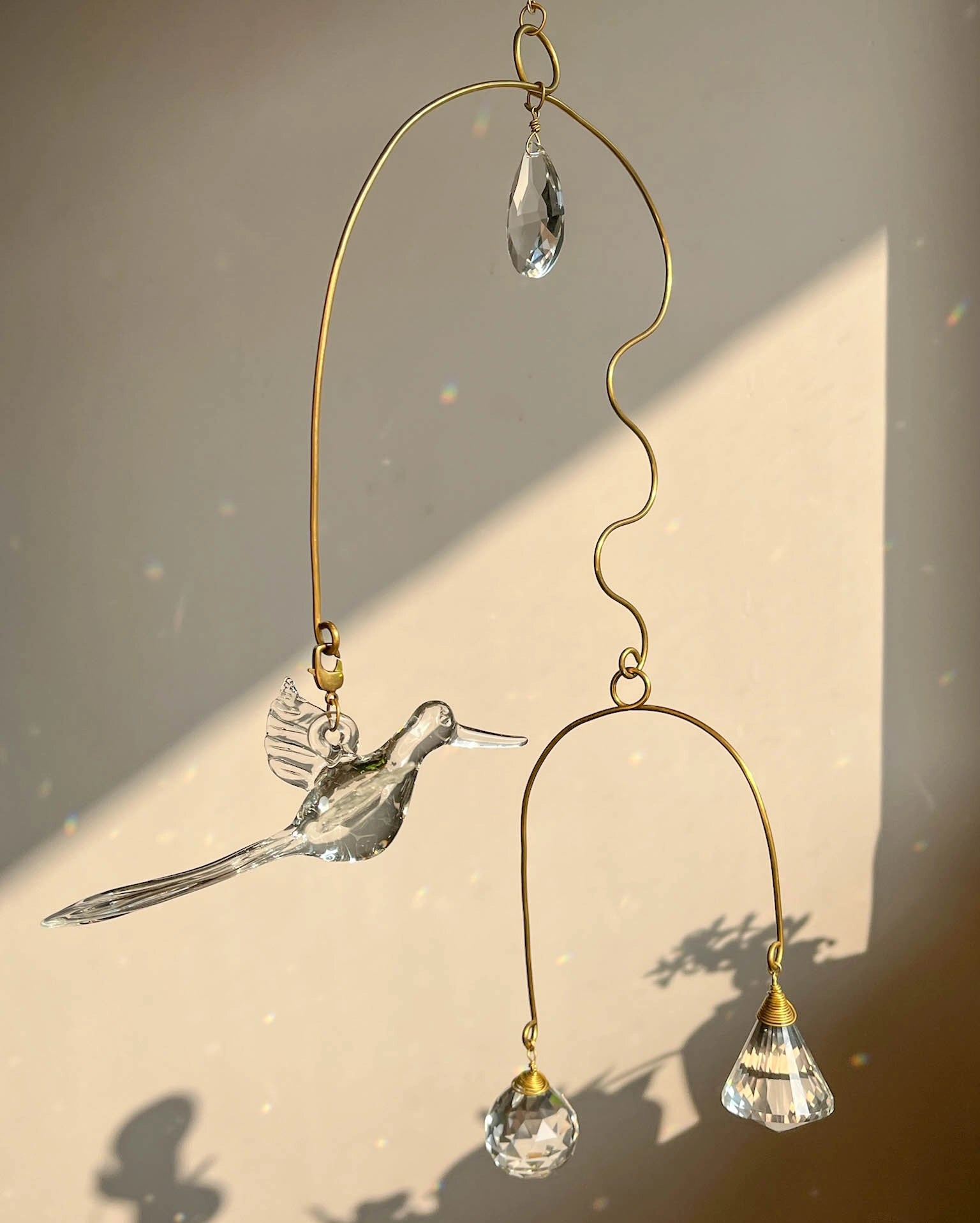 Wired Glass bird sun catcher with glass crystals and a 3d glass bird handmade by A Creator's Studio