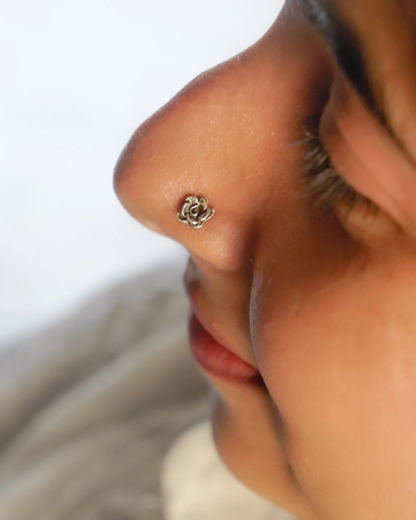 Silver oxidised rose nose ring for pierced nose handmade by A Creator's Studio
