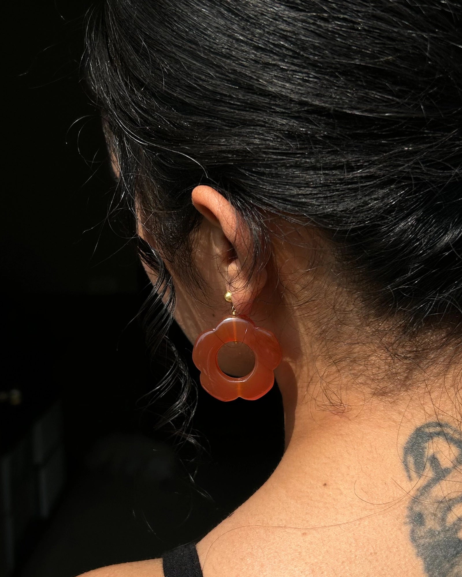 gold plated Carved Carnelian floral earrings with a carnelian flower drop handmade by A Creator's Studio
