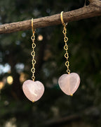 Gold Plated rose quartz dangle earrings with pink rose quartz drops handmade by A Creator's Studio