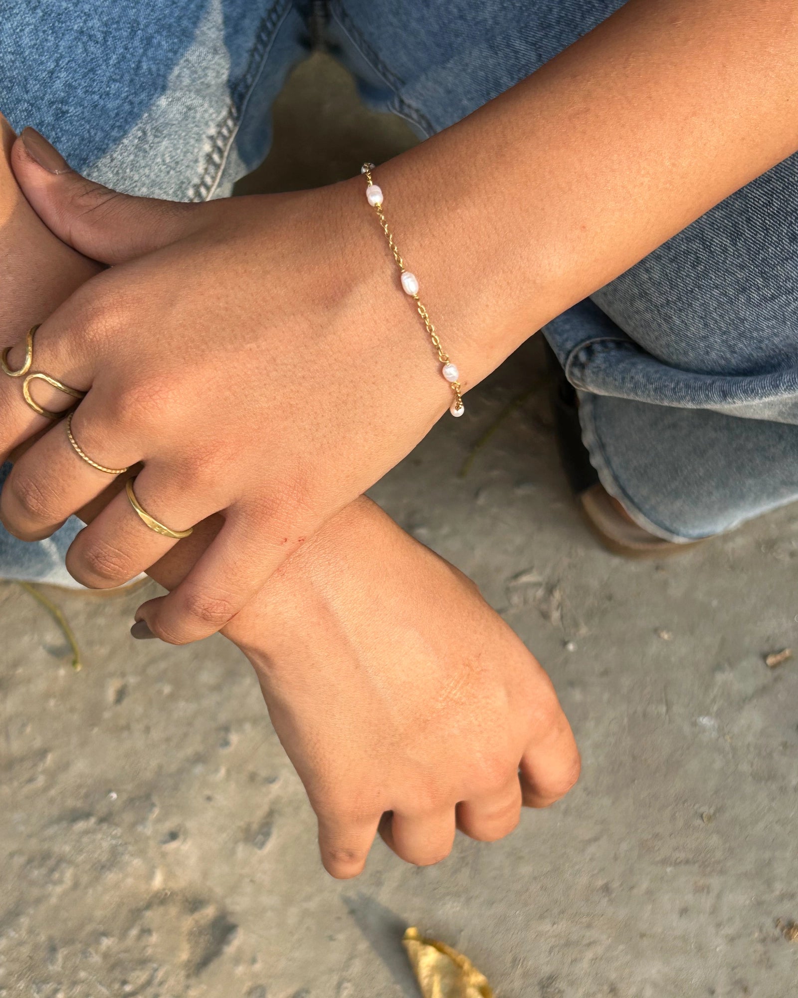 Brass pearl bracelet with freshwater pearls handmade by A Creator's Studio