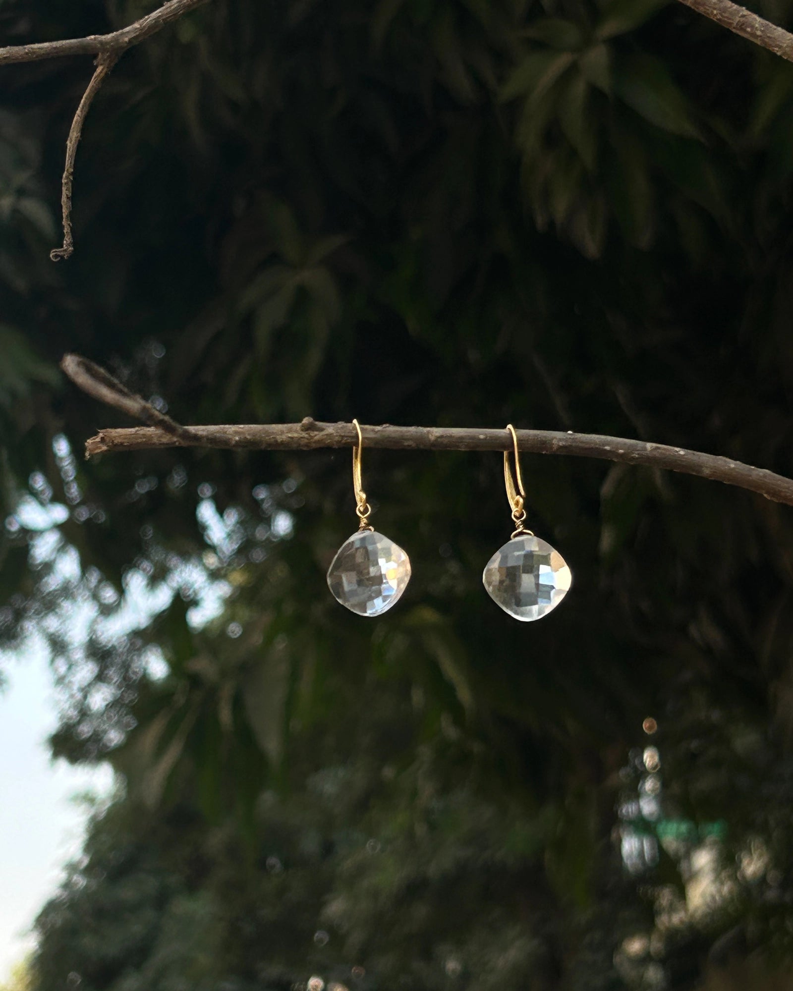 Gold Plated Clear quartz faceted drop earrings handmade by A Creator's Studio