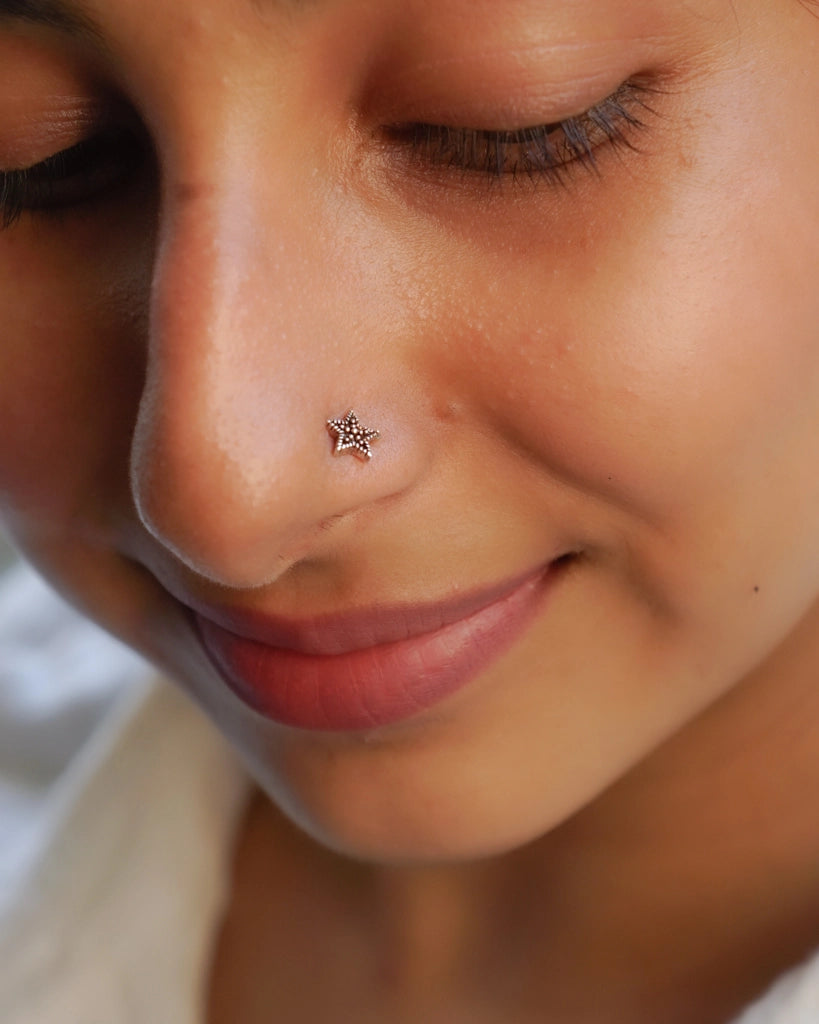 Silver oxidised star nose ring for pierced nose handmade by A Creator's Studio