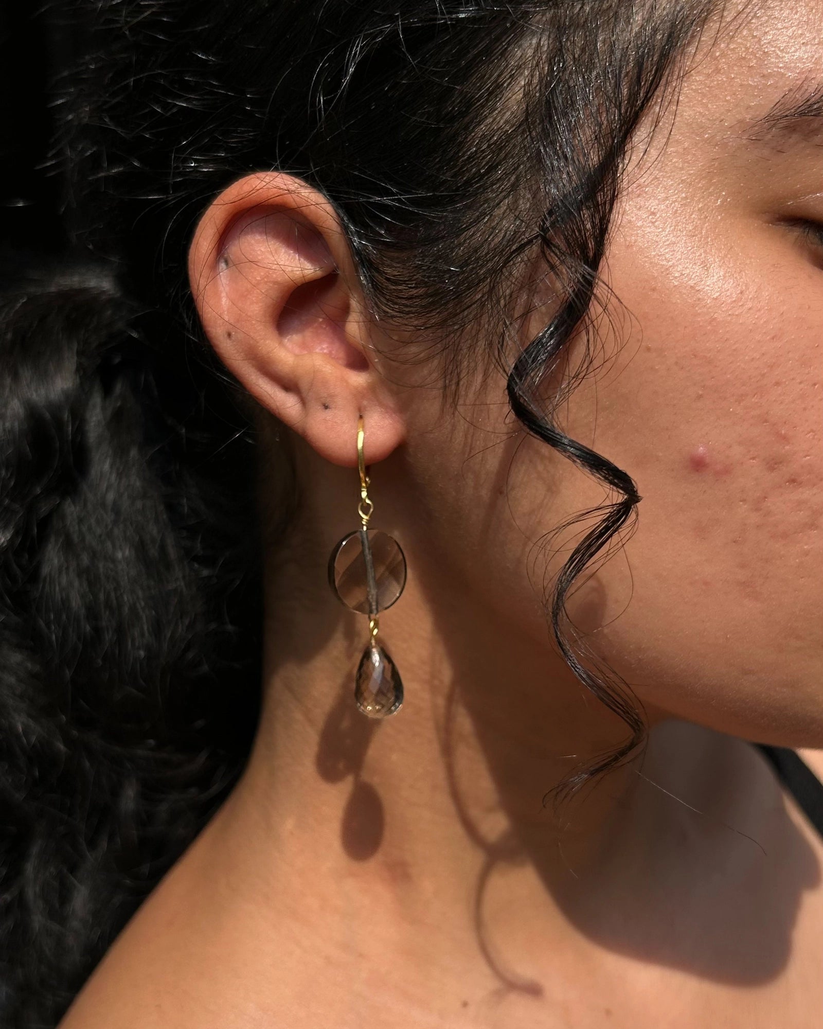 Gold plated smoky quartz earrings with a smoky quartz drop handmade by A Creator's Studio