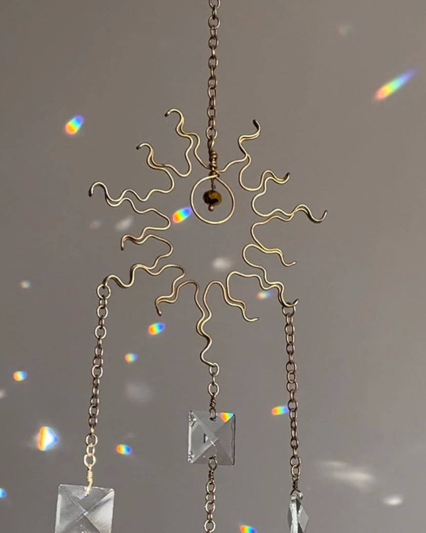 Wired sun suncatcher with clear crystals handmade by A Creator's Studio 