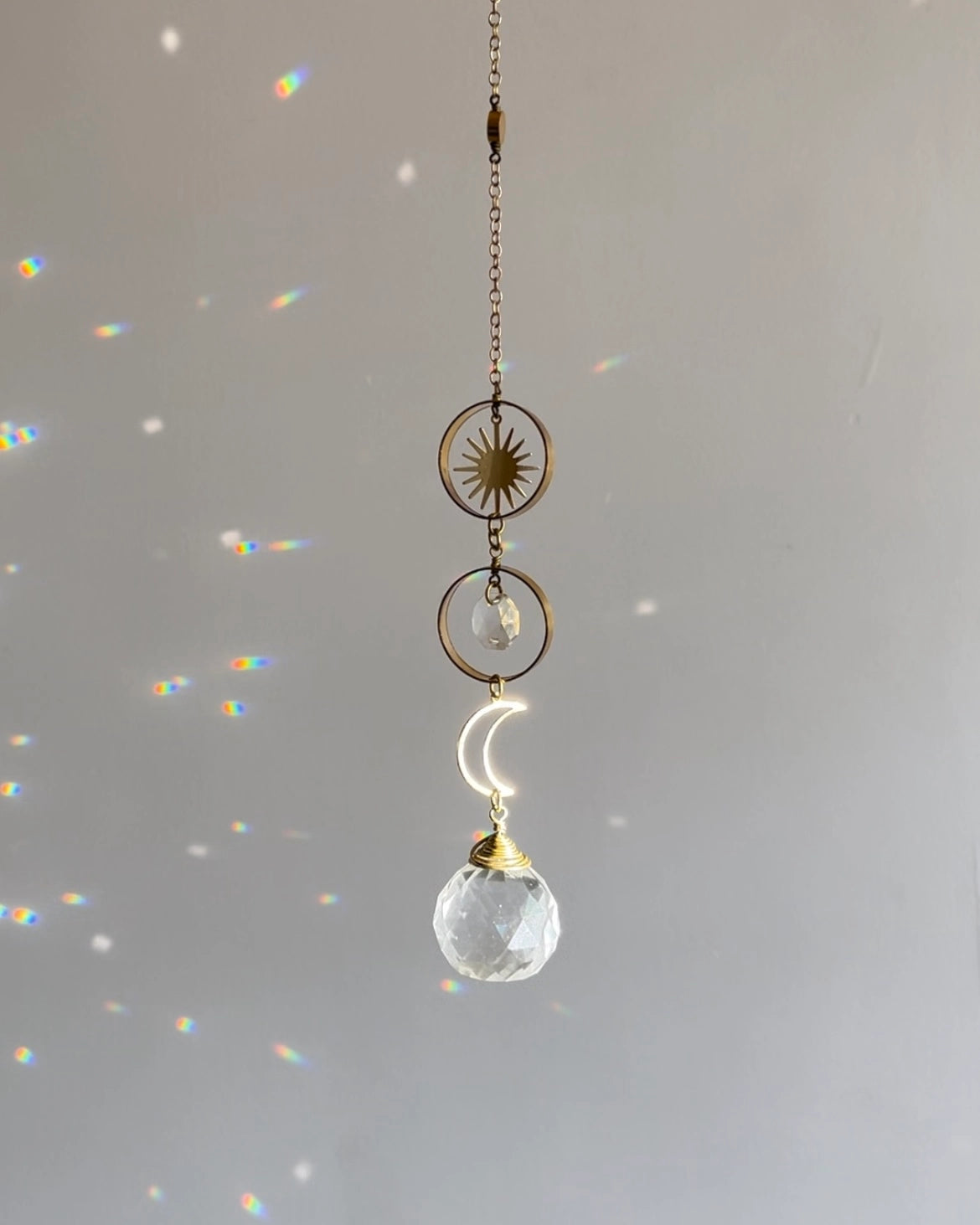 Sun and moon sun catcher with glass crystal drops handmade by A Creator's Studio