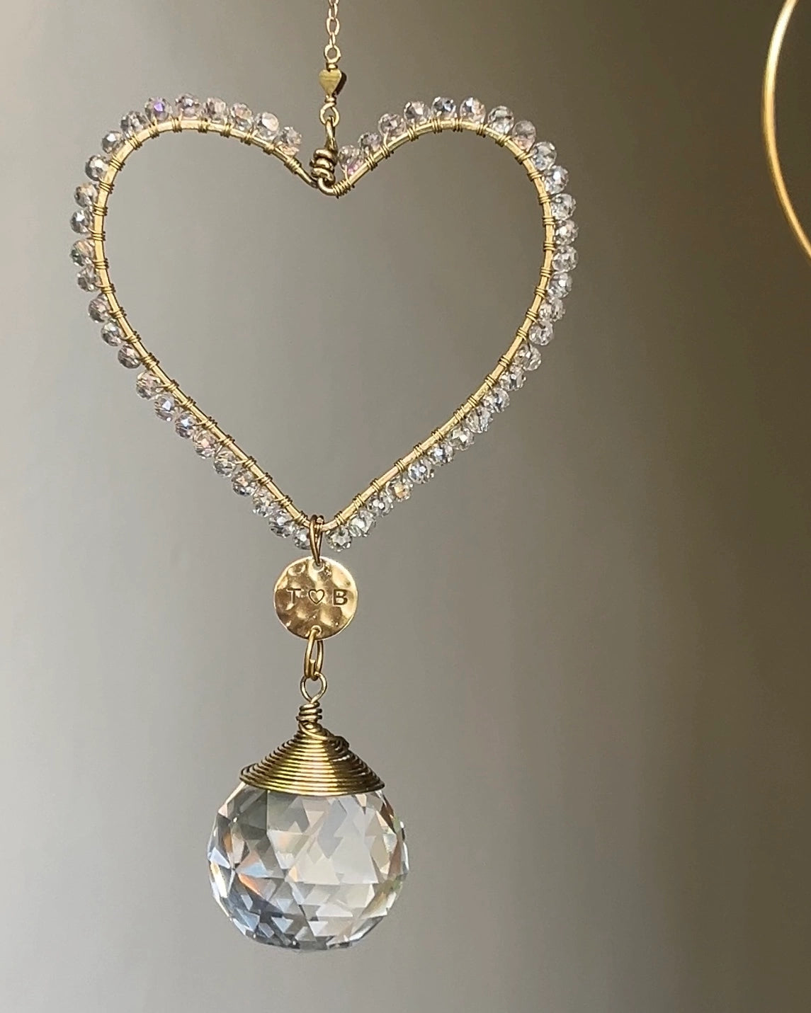 Wired and beaded heart suncatcher with clear crystals handmade by A Creator's Studio