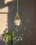 Clear Quartz Crystal sun catcher with a clear quartz cluster in a 3d wired frame and glass crystal drops, handmade by A Creator's Studio