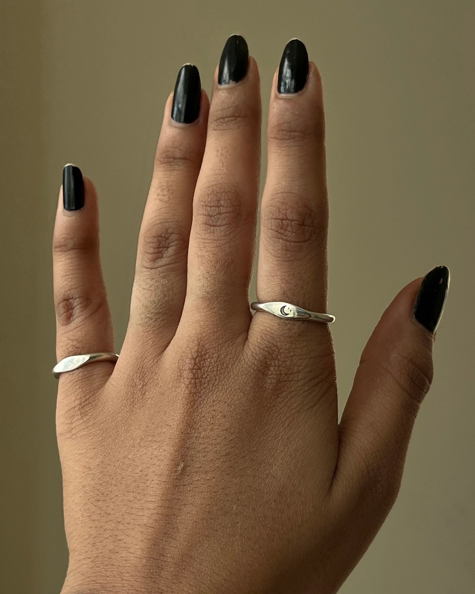 Silver Moon and Sunset engraved signet rings handmade by A Creator's Studio