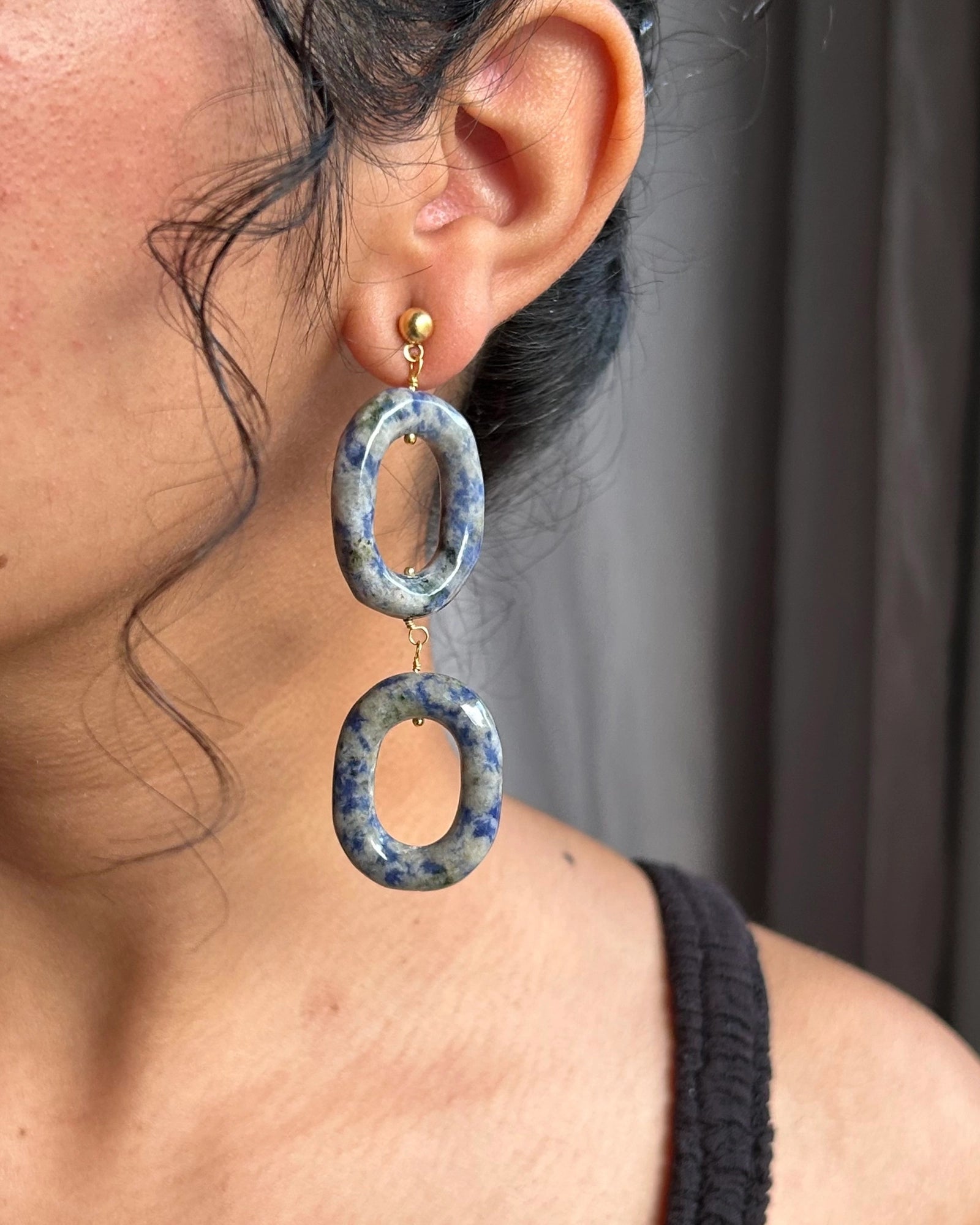 Gold Plated chunky sodalite link earrings with oval sodalite drops handmade by A Creator's Studio