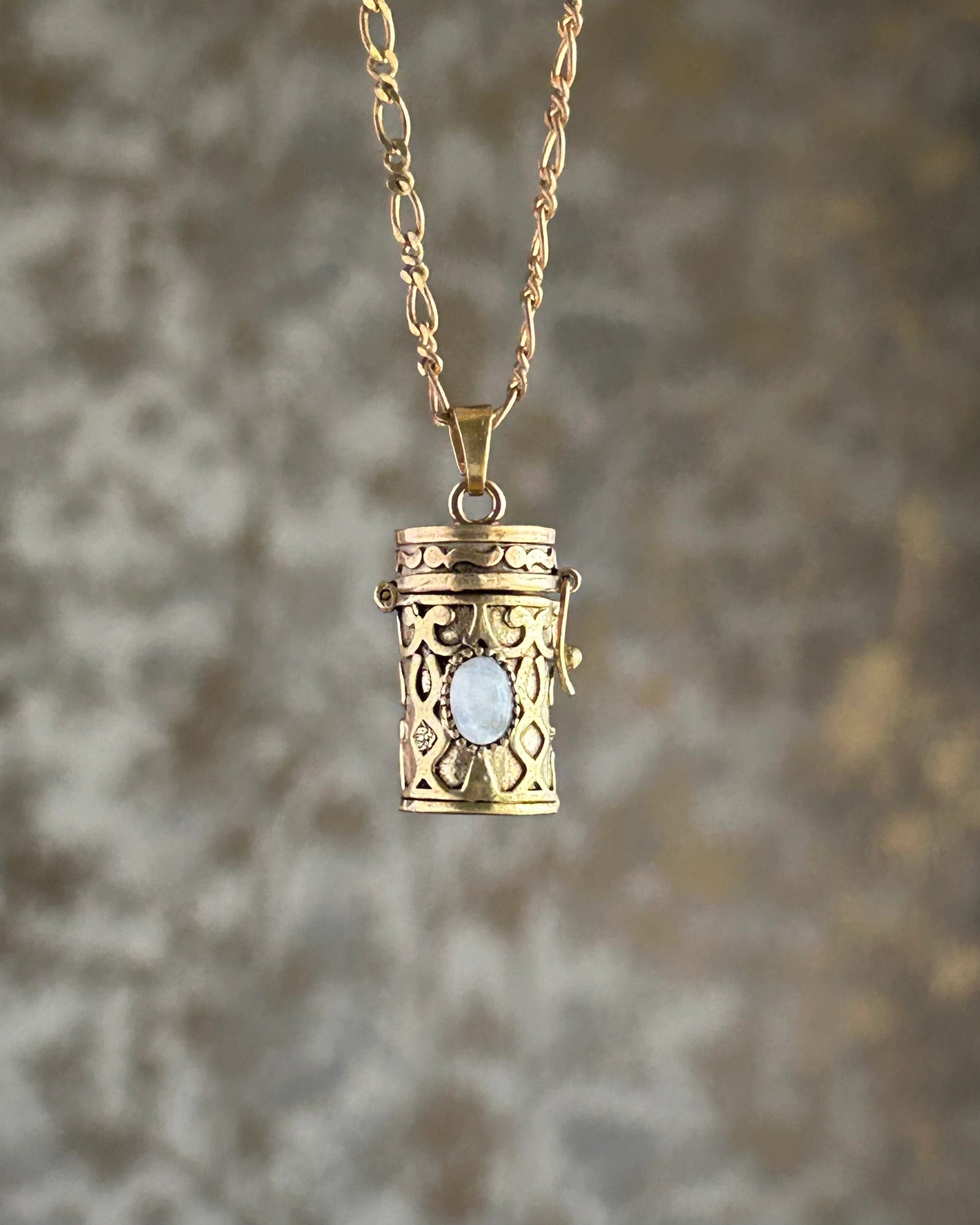 Brass box (dibbi) pendant with a moonstone in the centre with a chain handmade by A Creator's Studio