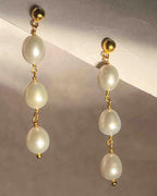 Gold Plated Pearl dangle earrings with three linked freshwater pearls handmade by A Creator's Studio