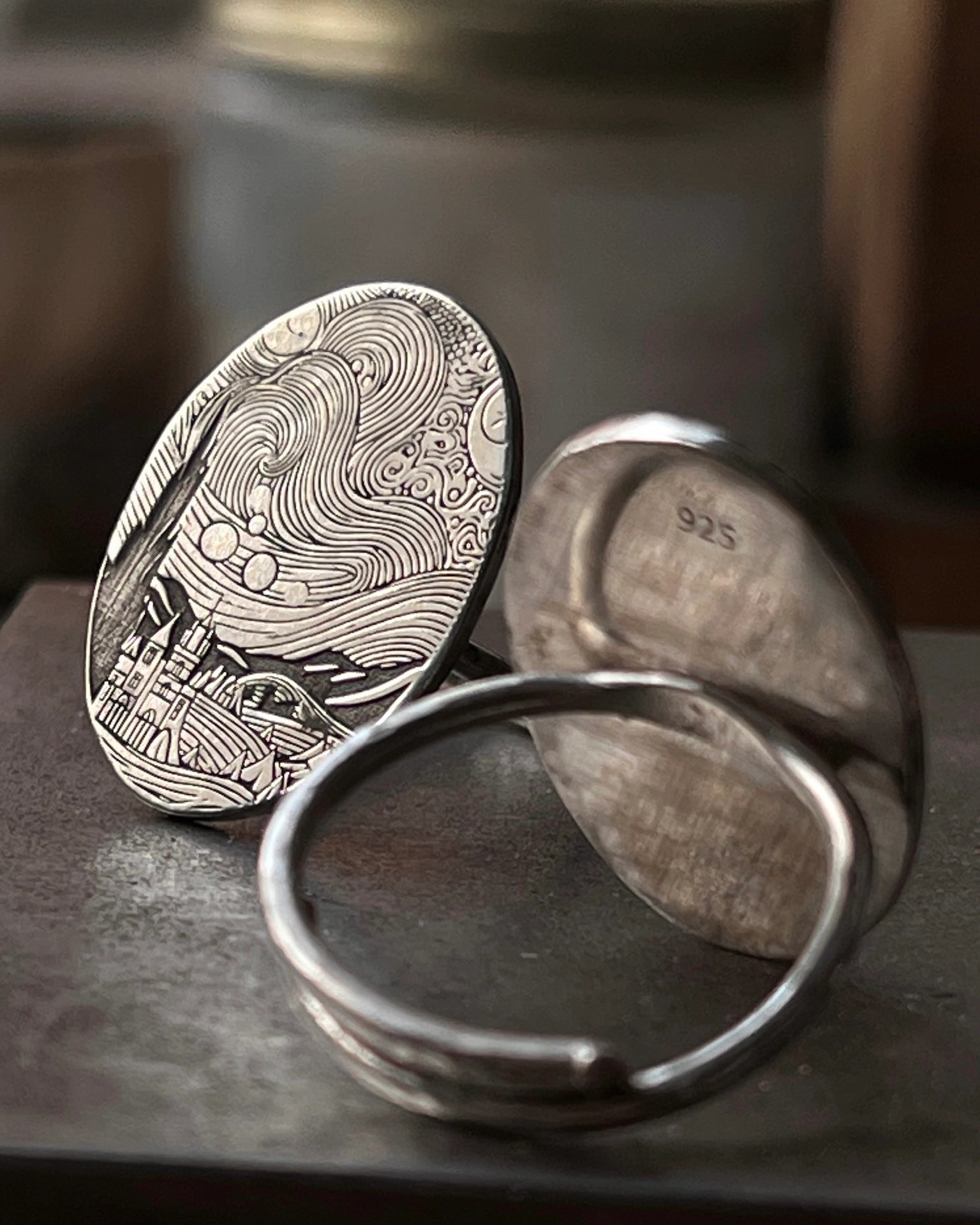 The starry night by Vincent Van Gogh inspired silver engraved ring handmade by A Creator's Studio