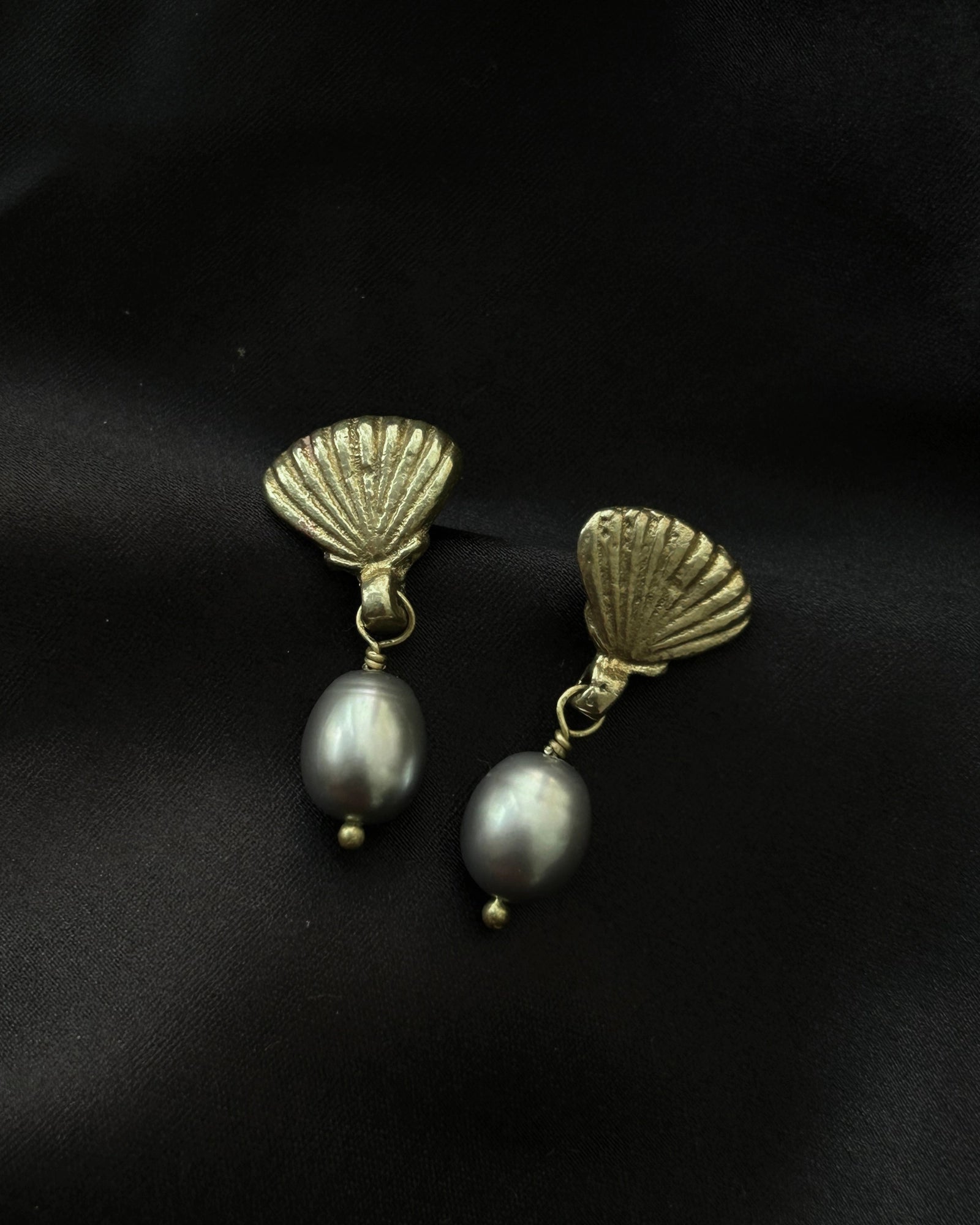 Gold Plated Seashell Pearl earrings with a grey fresh water pearl drop handmade by A Creator's Studio