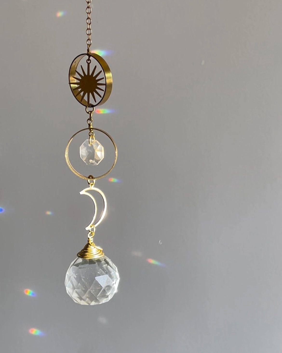 Sun and moon sun catcher with glass crystal drops handmade by A Creator's Studio