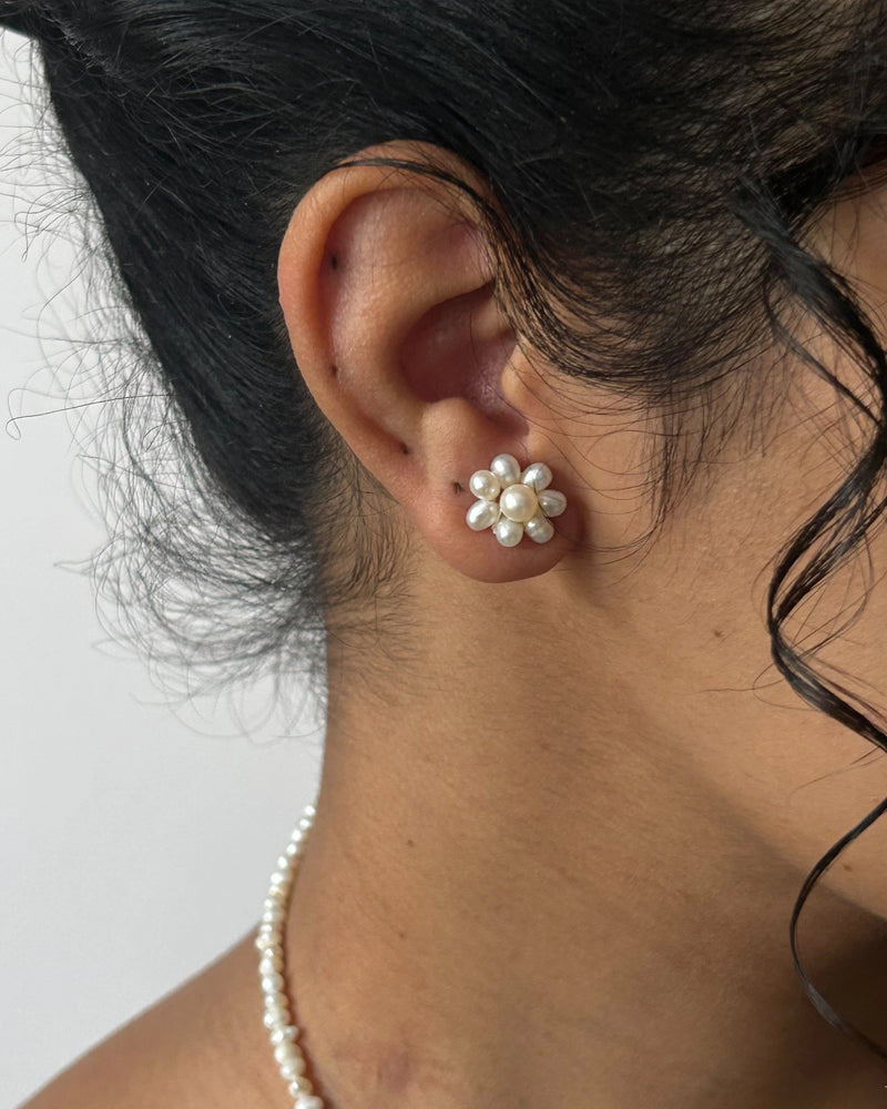 Flower freshwater pearl studs in sterling silver handmade by A Creator's Studio