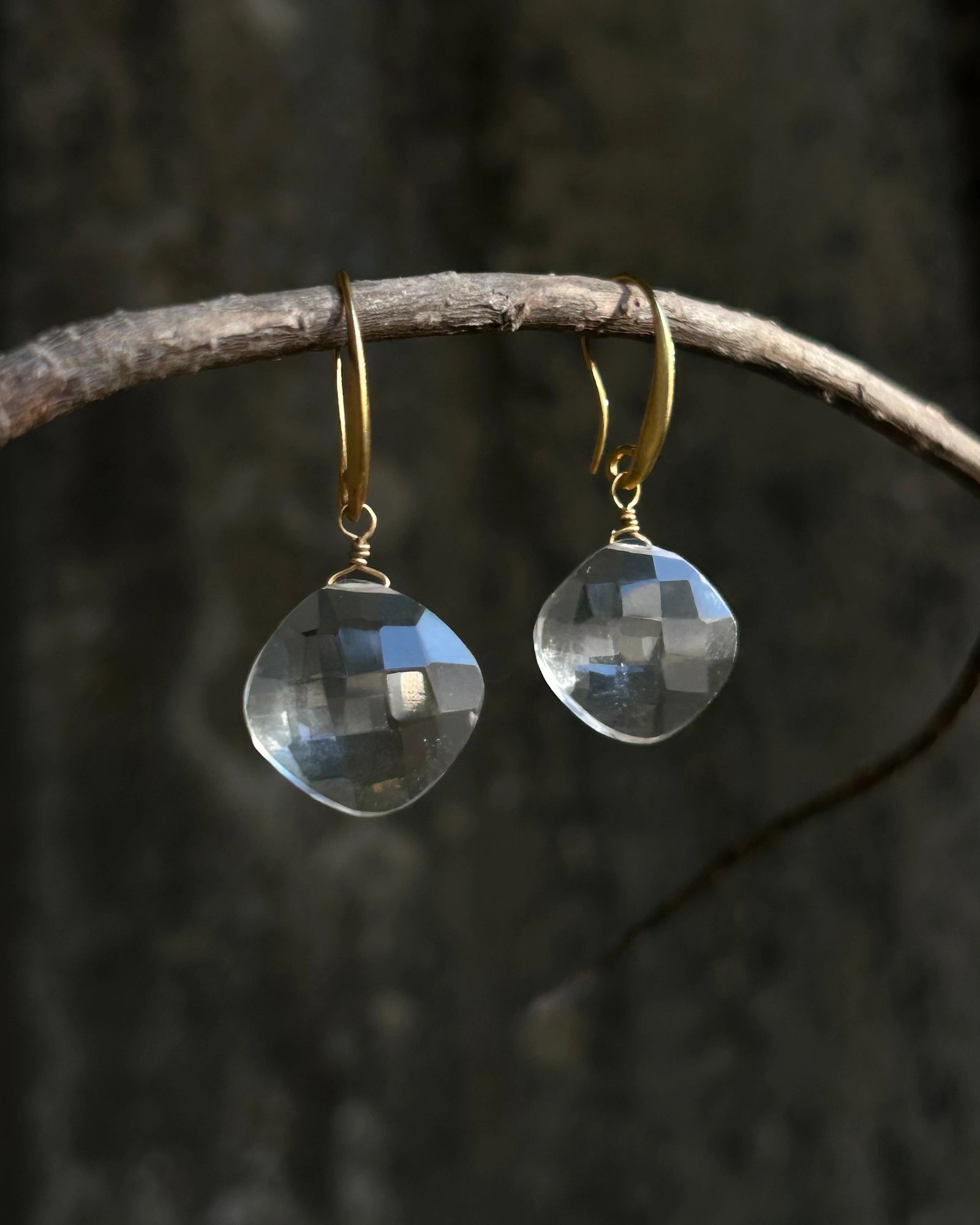 Gold Plated Clear quartz faceted drop earrings handmade by A Creator's Studio