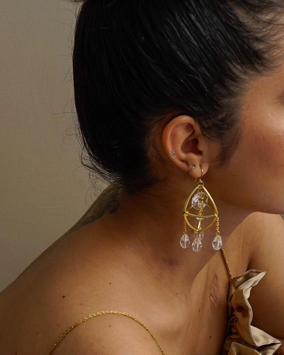 gold plated Mini Suncatcher earrings with four clear crystal drops handmade by A Creator's Studio