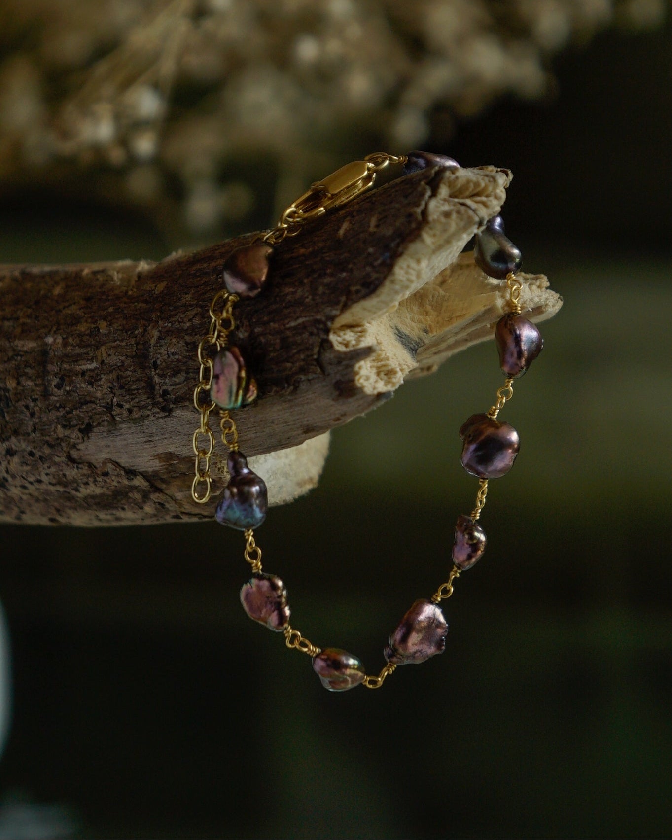 lustrous and Rare Black Fresh Water Pearls linked together in 20k Gold Plated Brass handmade by A Creator's Studio