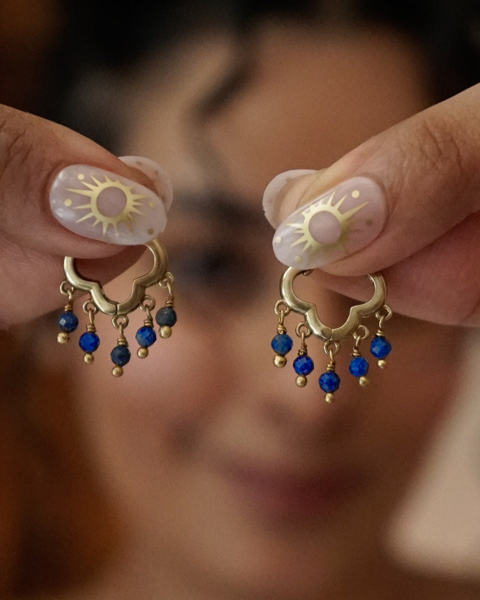 Brass earrings with unique design and lapis lazulli crystals handmade by A Creator's Studio