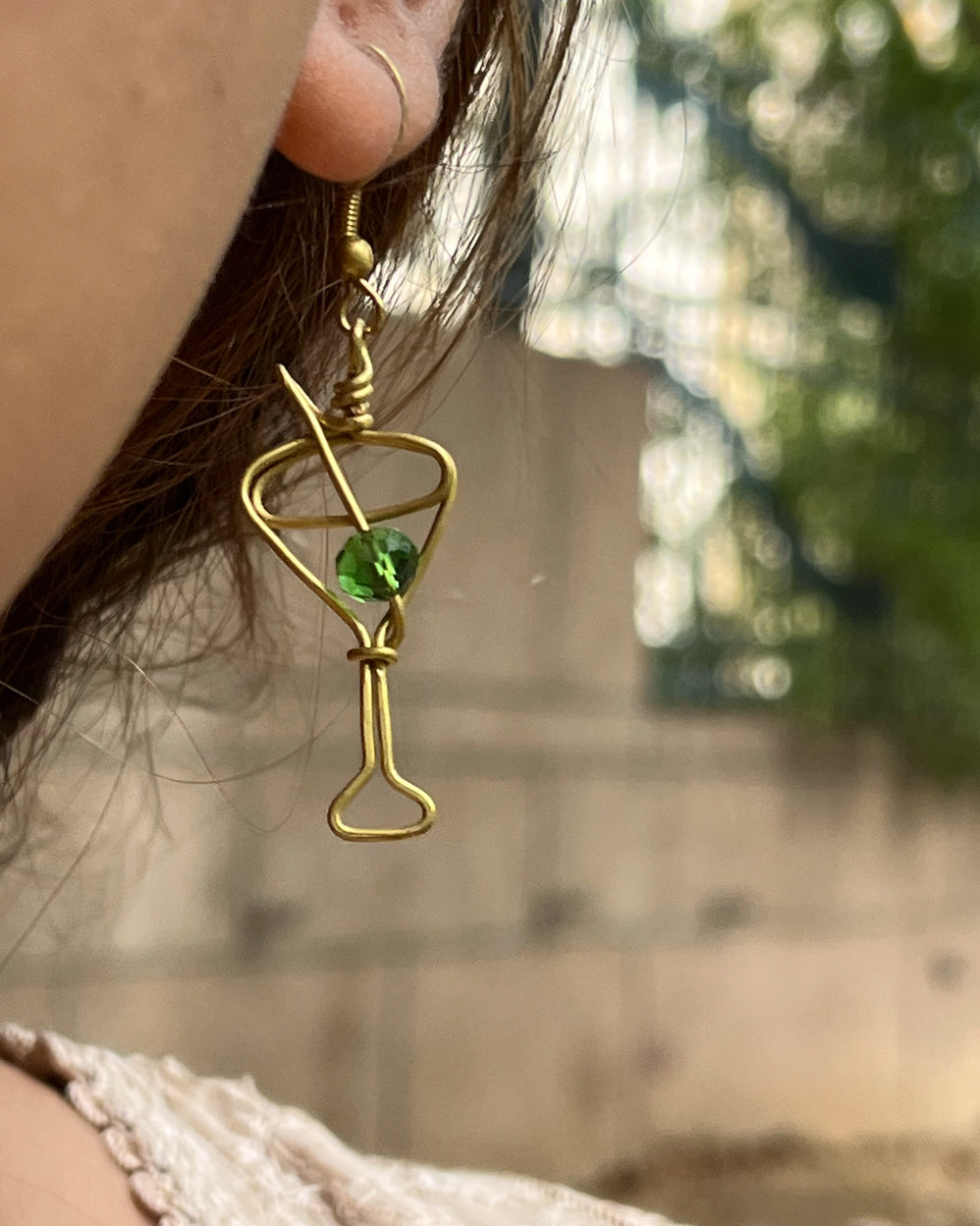 Brass earrings with unique martini drink design handmade by A Creator's Studio